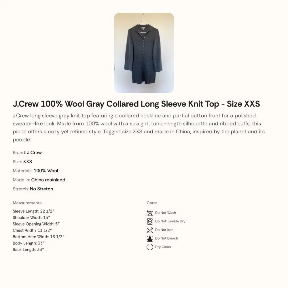 J.Crew 100% Wool Gray Collared Long Sleeve Knit Top - Size XXS